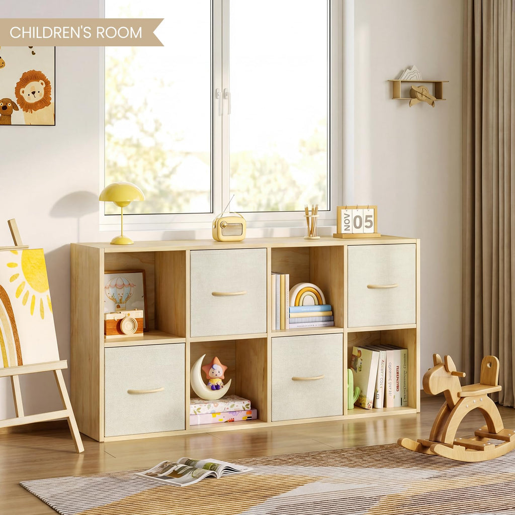 8 Cube Storage Organizer - Solid Wood Bookshelf with 4 Storage Bins, Cube Shelf with 2 Removable Back Panels