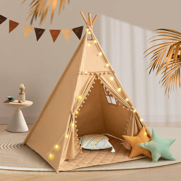 Teepee Tent for Kids with Mat, Cotton Canvas Kids Teepee with Pompom for Toddlers Indoor Play Tent for Girls Boys