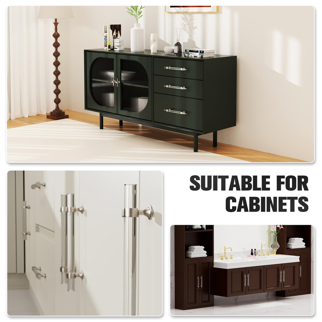 6 Pack Brushed Nickel Crystal Glass Cabinet Pulls, 128mm (5 Inch)
