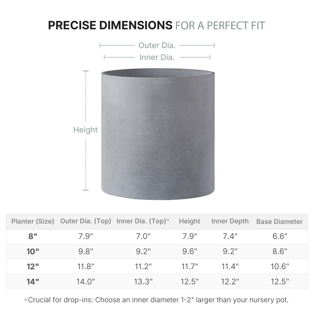 12 Inch Fiberstone Planter - Lightweight Modern Cylinder Plant Pot with Drainage Hole & Plug, Authentic Concrete