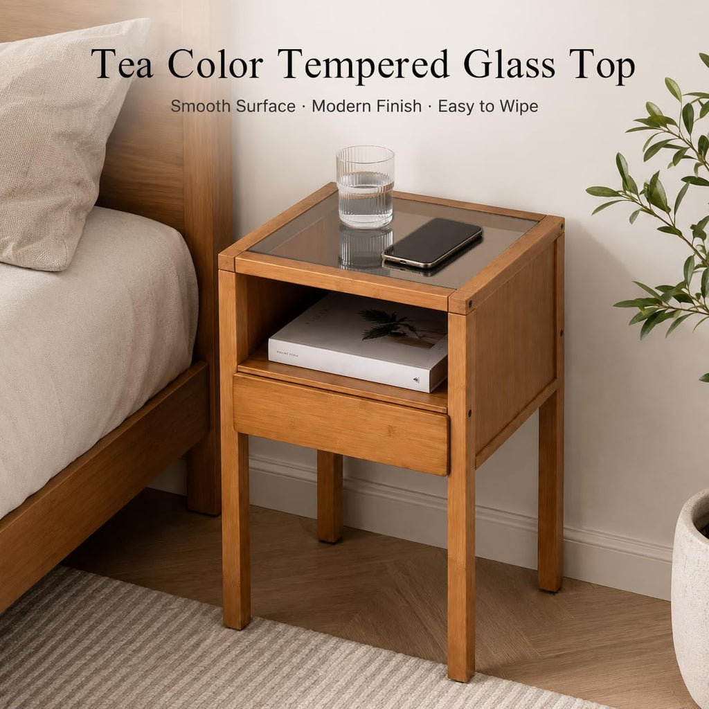 Bamboo Nightstand with Tempered Glass Top and Drawer, Small Bedside Table with Open Shelf Storage, Natural