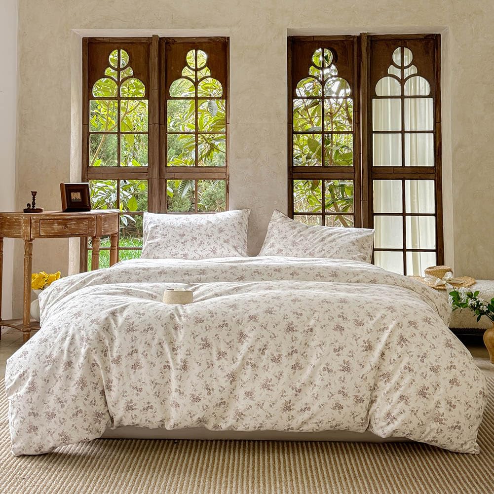 French Flax Linen Cotton Blend Duvet Cover Set, Red Floral