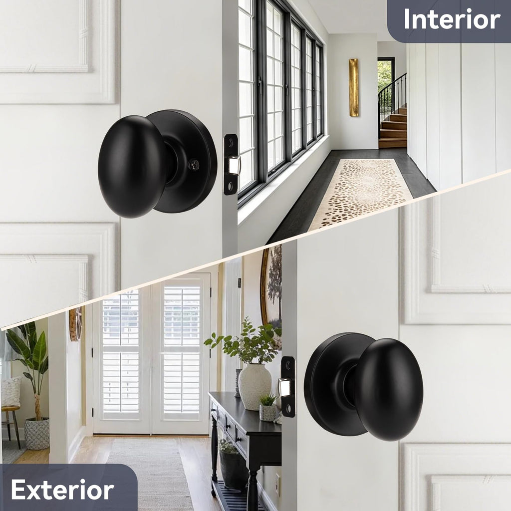 6 Pack Black Oval Door Knob with Non Locking for Hall & Kitchen