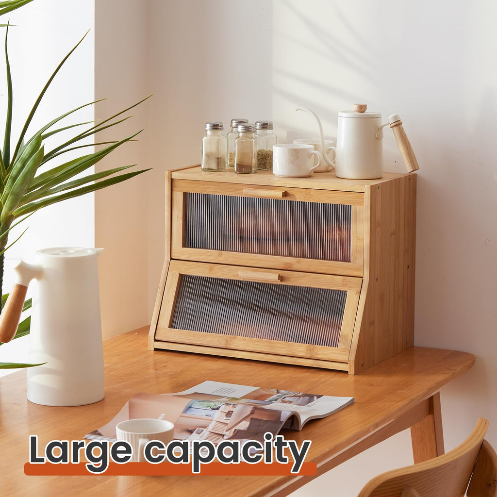Double Layer Bamboo Counter,Large Capacity Bread Storage Bin,Bread Container with Acrylic Wavy Door Panel (Natural