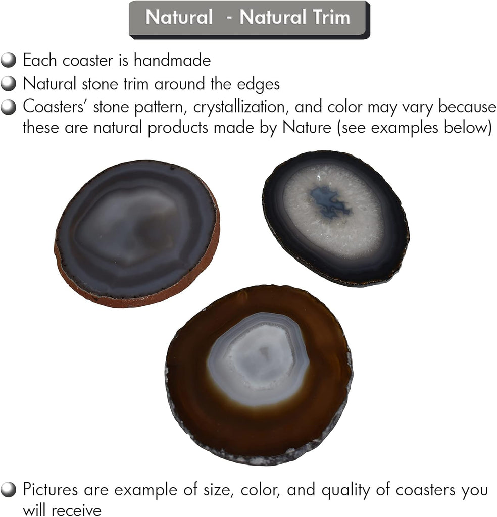 Natural Agate Stone Coasters Polished Geode Drink Mats for Dining & Coffee Table & Kitchen Decor No Dye - Set of 4