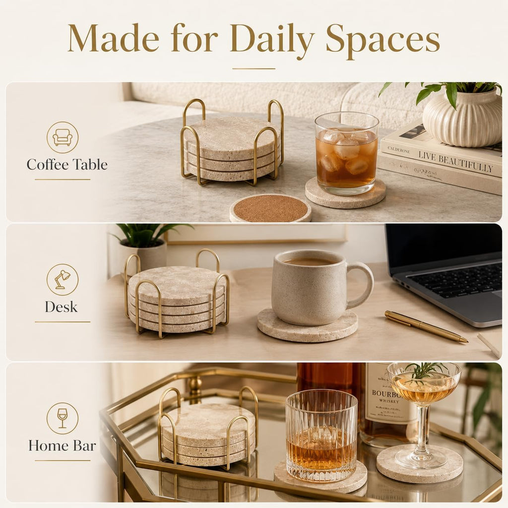 Travertine Coasters with Gold Holder Natural Stone, Cork Backing - Set of 4