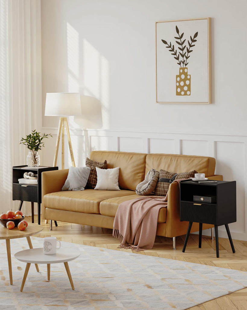 Black Nightstand, Modern Bedside Table with Storage Drawer and Open Wood Shelf, and Small Spaces, Accent Night Stand