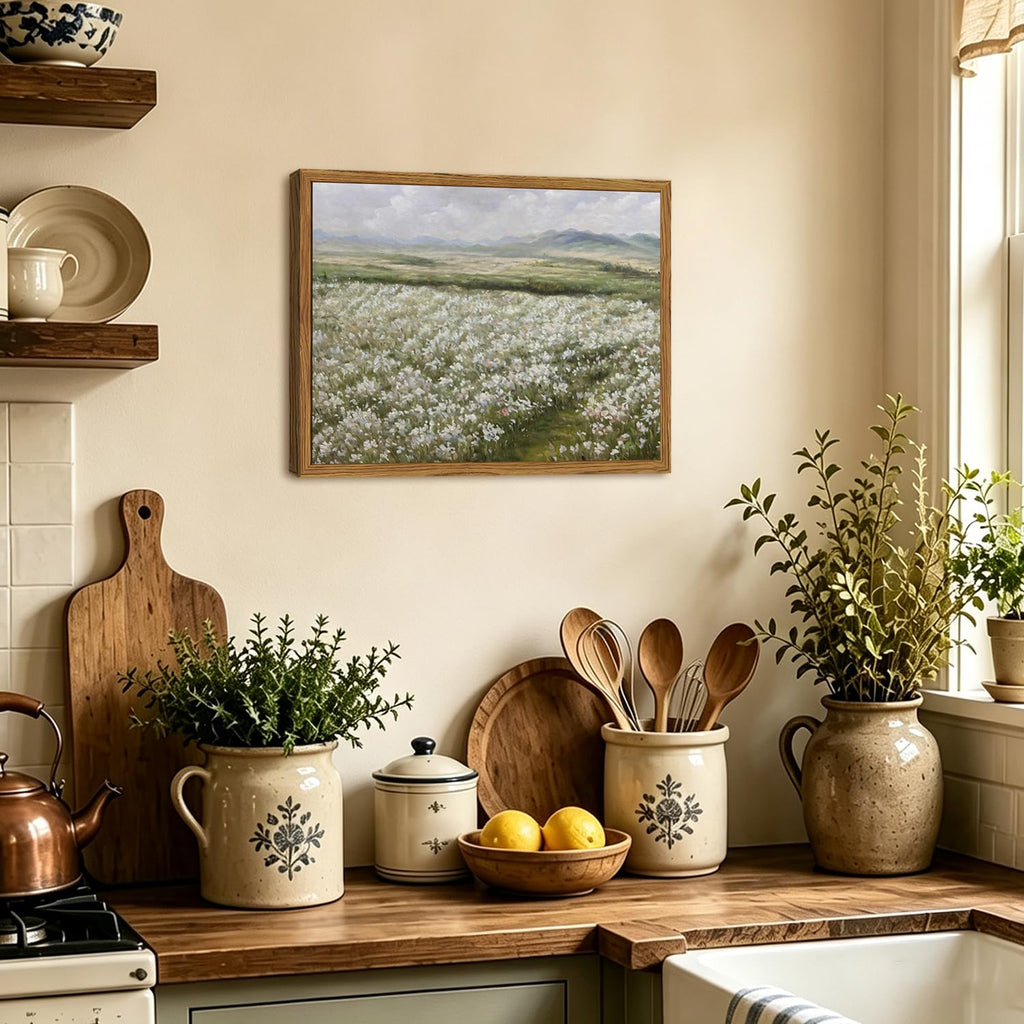 Framed Vintage Landscape Wall Art, Country Wildflower Field Pictures Wall Decor, Rustic Nature Flower Paintings