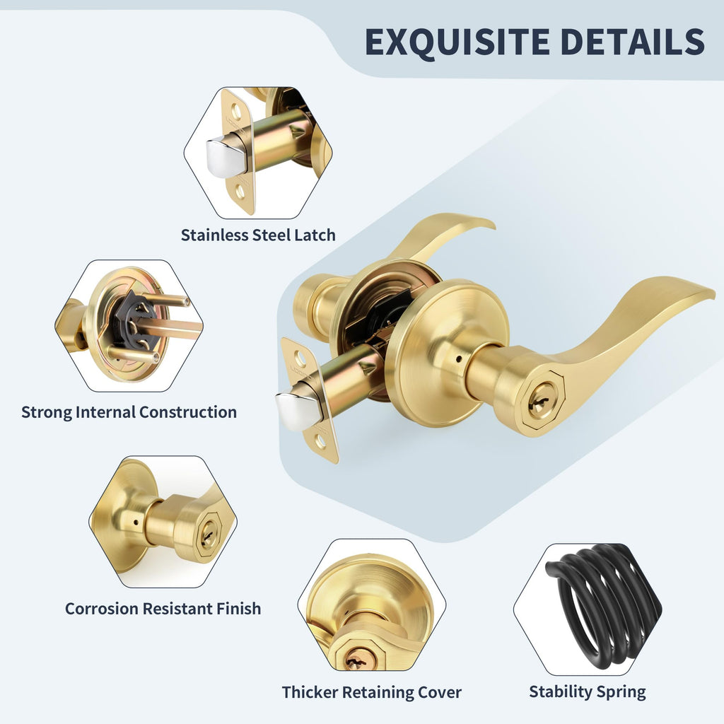 Wave Style Gold Door Handles with Lock and Key (Keyed Differently), Brushed Gold Keyed Entry Door Handle, Reversible