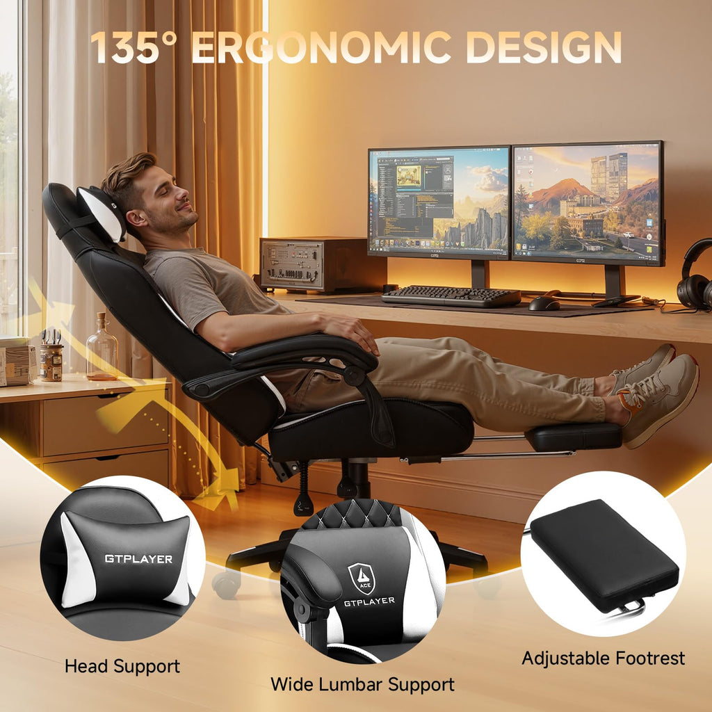Gaming Chair, High Back Leather Computer Gaming Chair with Footrest, Ergonomic Height Adjustable Office Chair with