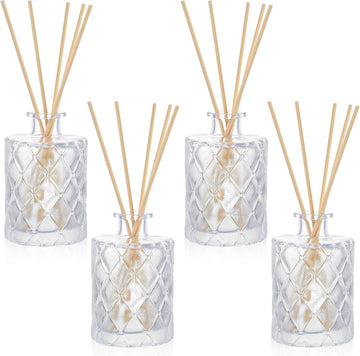 Glass Reed Diffusers Bottles, Diffuser Bottles with Reed Diffuser Sticks, Vintage Embossed Apothecary - Set of 4