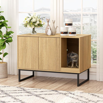 Cat Litter Box Enclosure, Fluted Hidden Litter Box Furniture with Scratch Pad and Metal Legs, Modern Enclosed Cat
