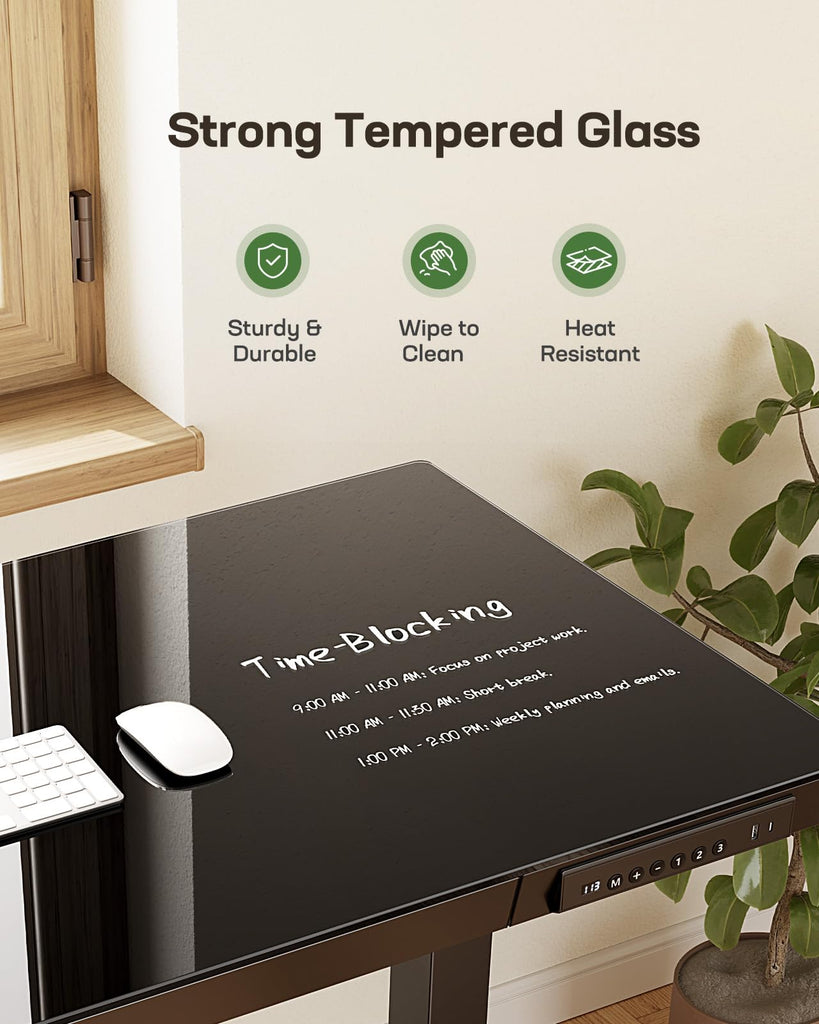 Glass Standing Desk with Drawer, 55 x 28 inch Electric Standing Desk, Sit Stand Desk with One-Piece Tabletop & USB