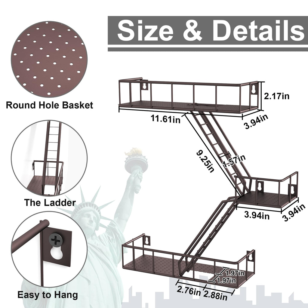 Fire Escape Shelf - 3 Tier Metal Coffe Fire Escape Wall Shelves with Baskets, New York Action Figurine Display Shelf