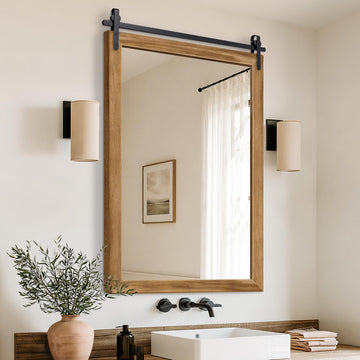 Farmhouse Bathroom Vanity Mirror, 48"x30" Rustic Barn Door Mirror, Brown
