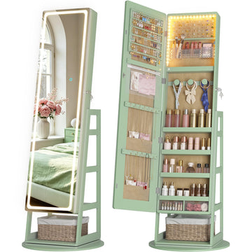 Standing Jewelry Cabinet Mirror with Adjustable LED Light Green