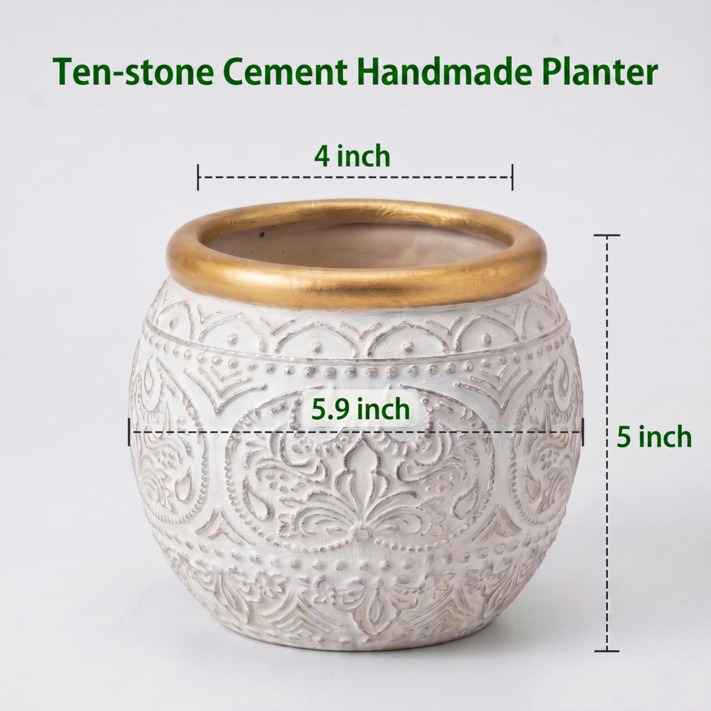 2Pcs 5.9 Inch Cement Planters, Vintage Planter with Gold Rim and Drainage Holes, Decorative Indoor Containers for