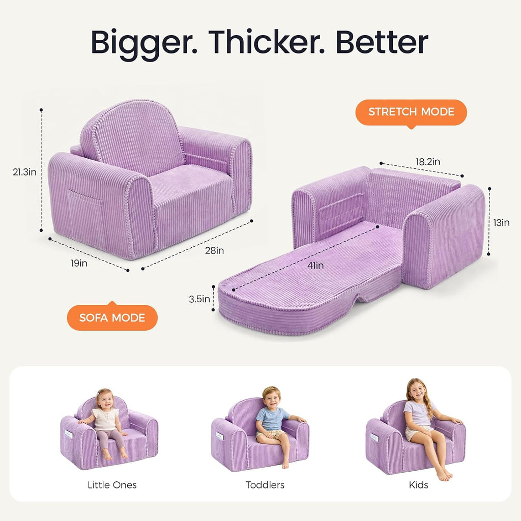 In-1 Foldable Kids Couch, Thick Foam Corduroy Sofa with Pocket