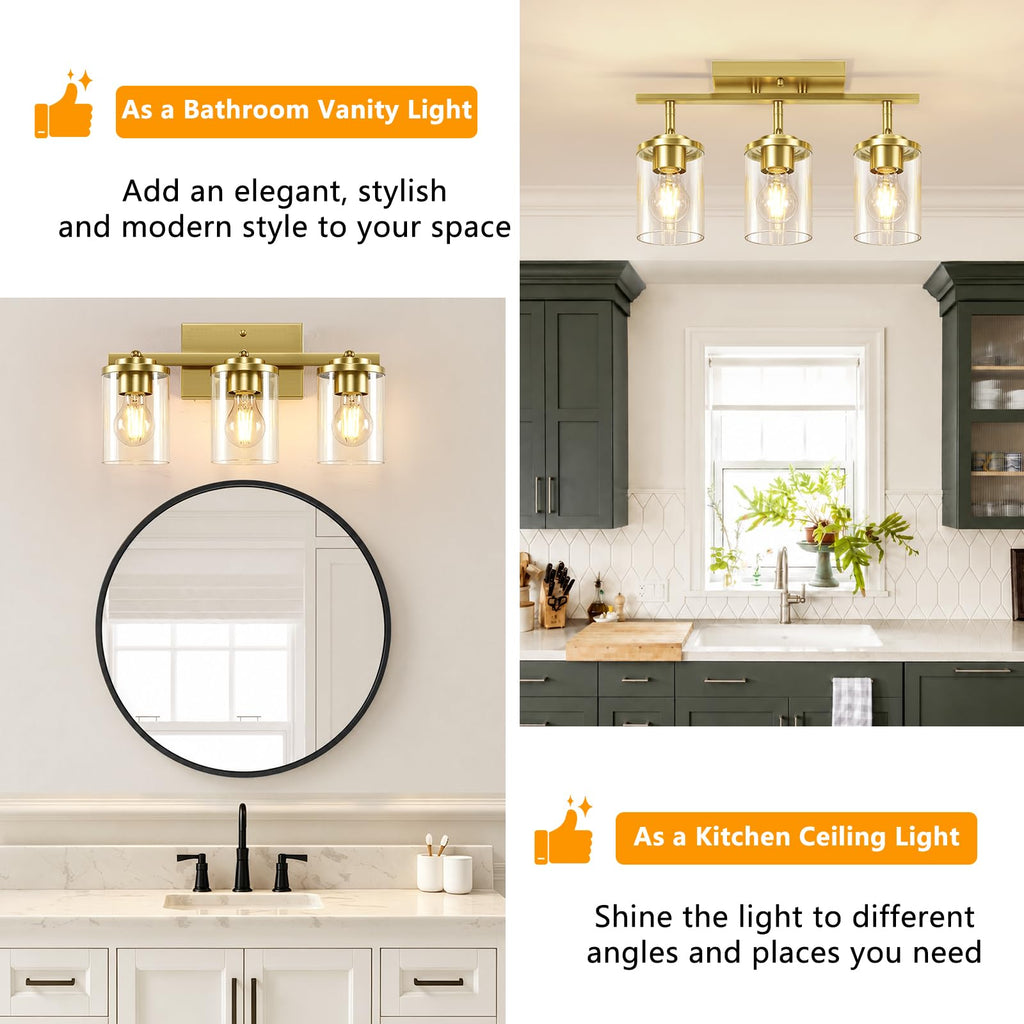 3-Lights Semi Flush Mount Ceiling Light, Brushed Gold Close to Ceiling Light Fixtures, Kitchen Light Fixture with
