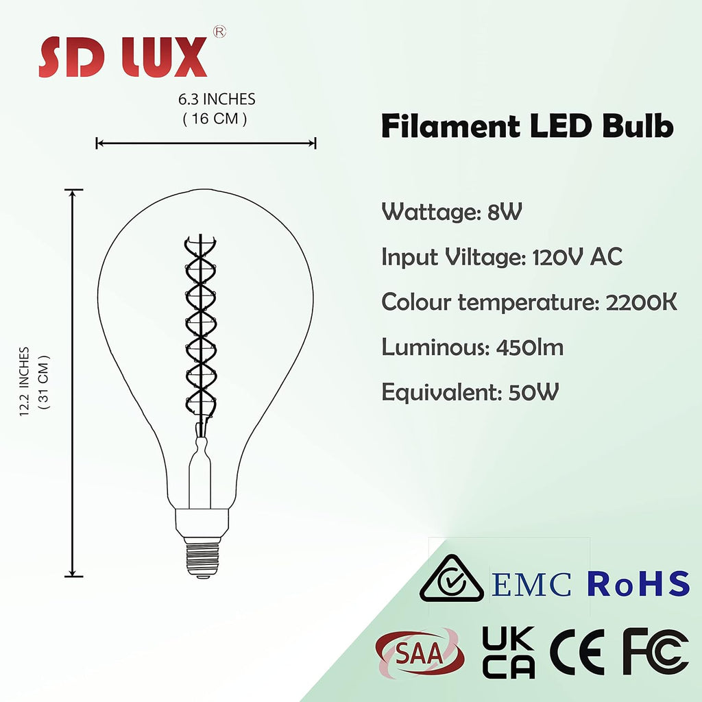 PS160 Large LED Edison Light Bulbs Dimmable 8W 450lm E26 2200K 1PC