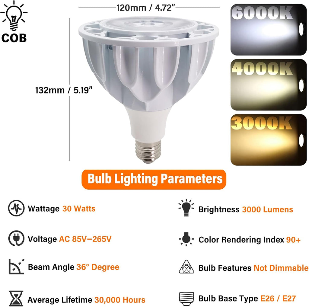 PAR38 Flood Light LED Bulb 30 Watt COB Grow Lights (Daylight White 6000k)