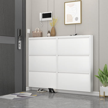Shoe Cabinet Storage, Slim Wall Mounted Shoe Cabinet with 3 Flip Drawers Metal Shoe Organizer, White