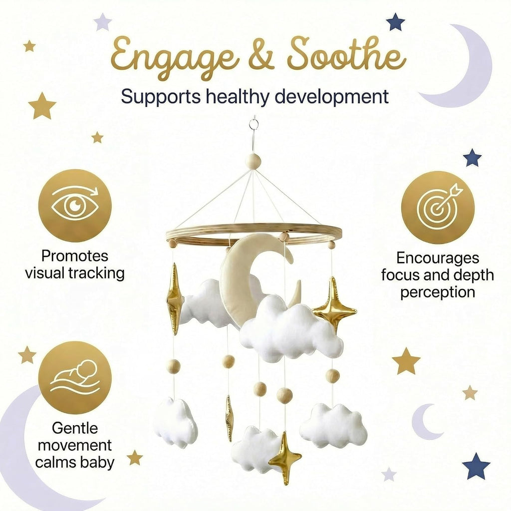Baby Mobile for Crib - Nursery Decor, Gold Moon, Stars & Clouds