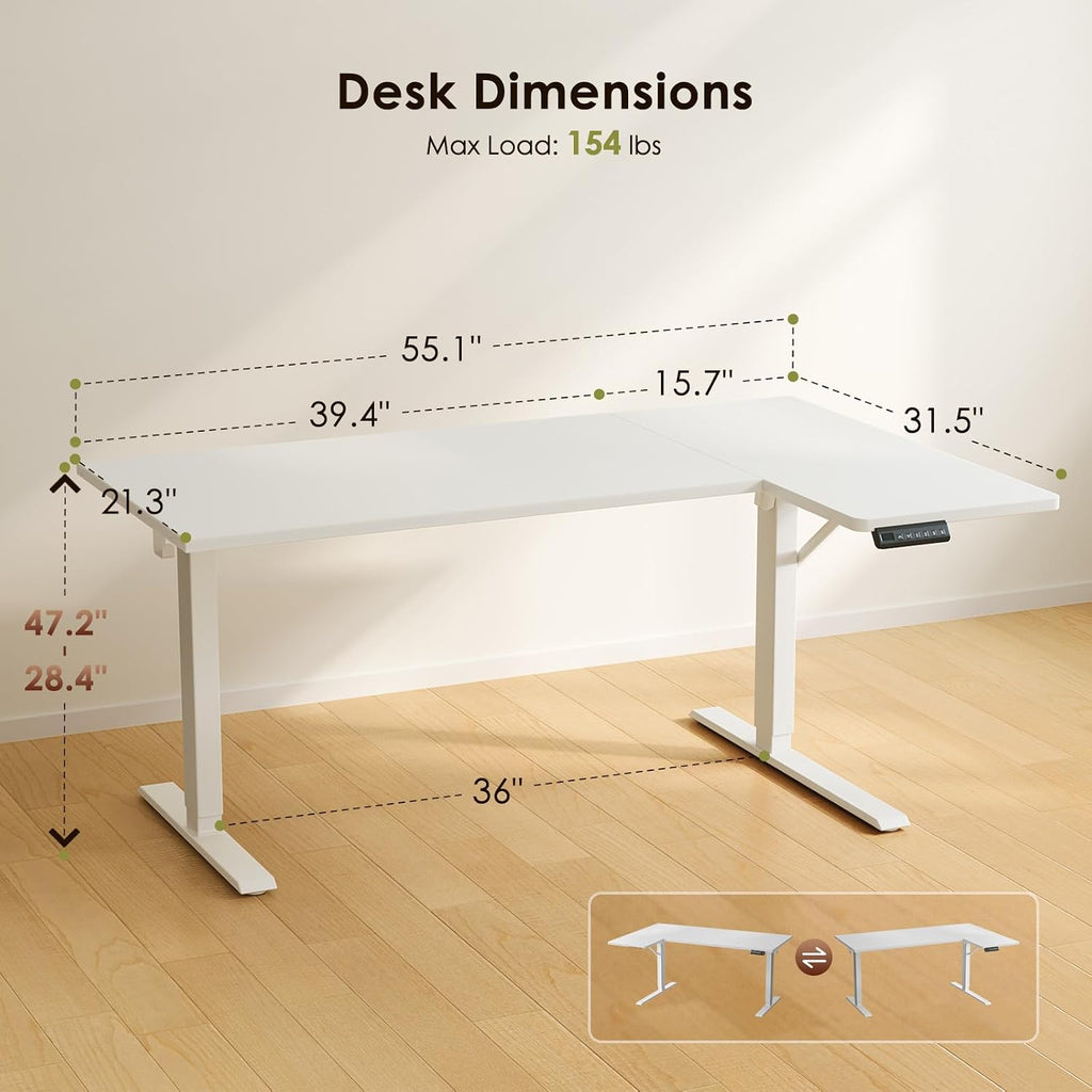 55 Inch Reversible L Shaped Electric Standing Desk, White | Corner Height Adjustable Computer Table, Stand Up Desk