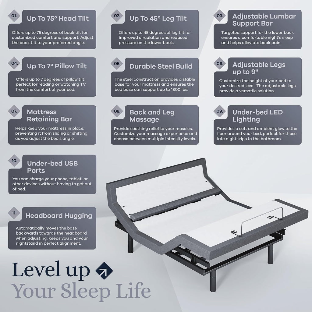 Platinum Adjustable Bed Base Frame Only, Head and Foot Lift, Lumbar Support, Head-Pillow-Tilt, Massage, Under-Bed