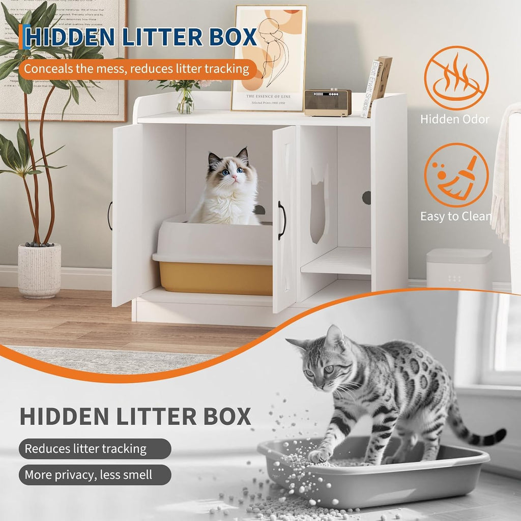 Large Wooden Cat Litter Box Enclosure, Hidden Litter Box Cabinet with Divider, Double Doors & Cat-Shaped Side Entry