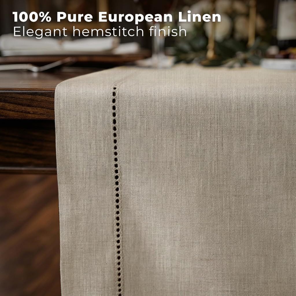Signature LinenTM by D'Moksha Natural Table Runner 108 Inches Long, 100% Pure Linen, Hemstitch, 14 x 108 Inch Table