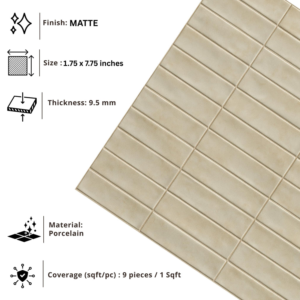 Matte Ivory Porcelain Subway Tile - 2"x8" Wall and Floor, Backsplash , Shower, Fireplace Accent - Great for