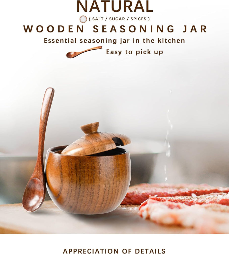 Jujube Wood Salt Cellar, 6 oz Box with Lid and Spoon, 3.3 Inch