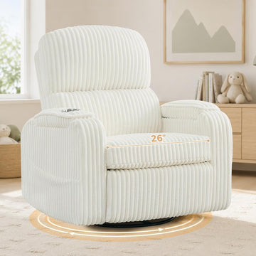 Power Nursery Recliner,26''Swivel Rocker Recliner,Adjustable Headrest,White | Extra Wide Recliner , Oversized