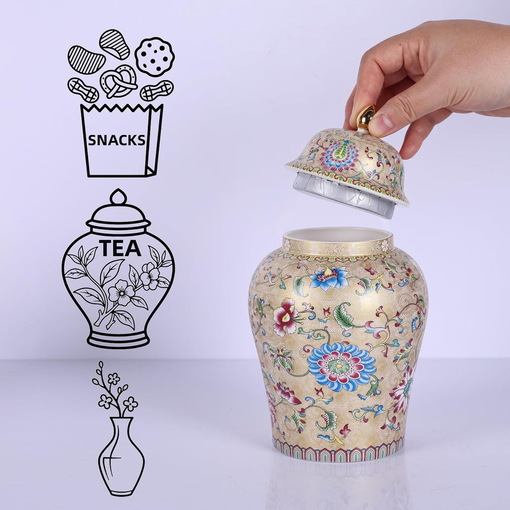Chinoiserie Ginger Jar, Blue and White Porcelain Ceramic Vase with Gold Colorful Floral Design, 8" Decorative Ginger