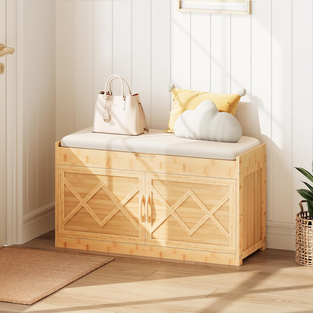 Shoe Bench, Shoe Storage Bench with Cushion, Bamboo Entryway Bench with Hidden Compartment, Storage Bench with Lift