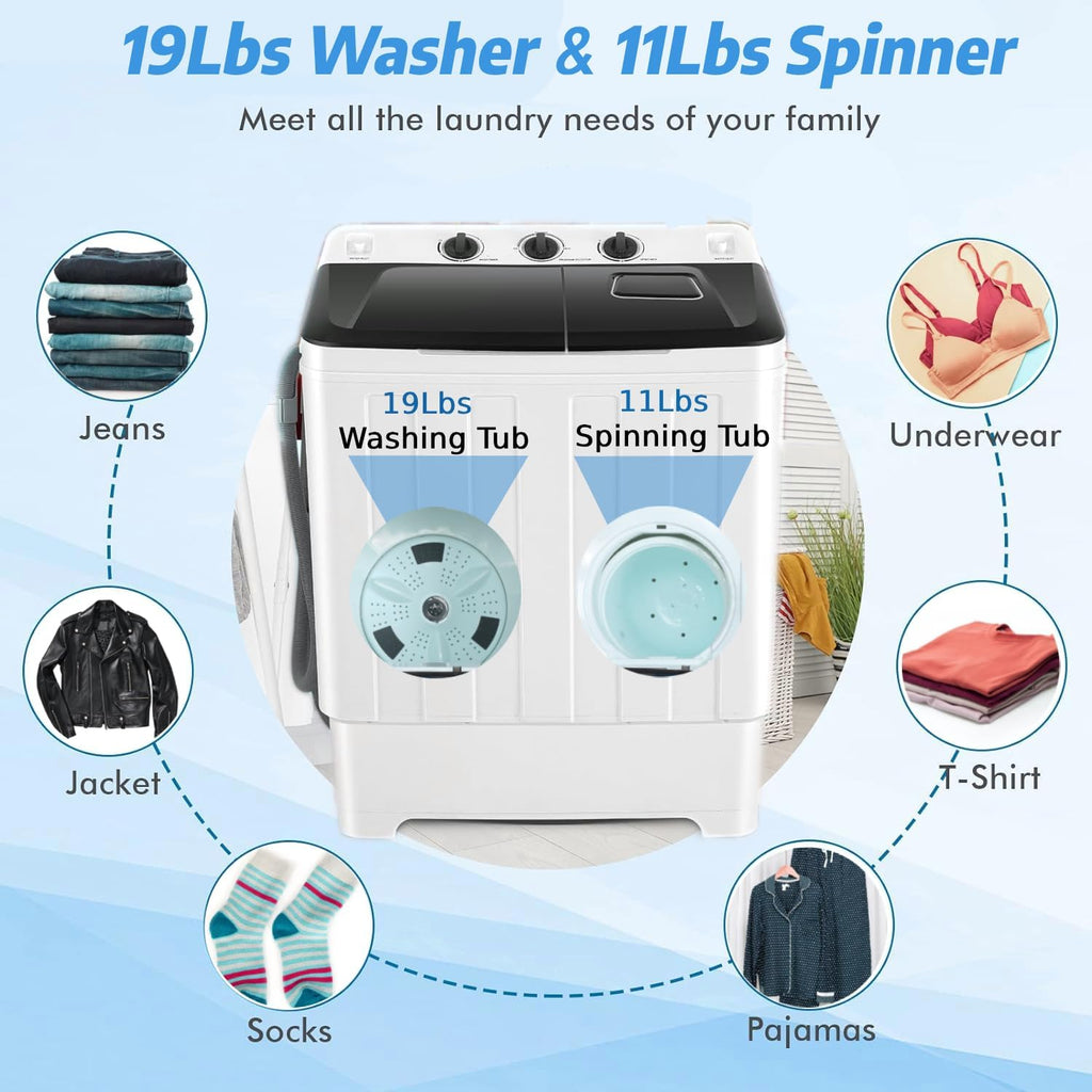 Portable 30Lbs Twin Tub Washing Machine Washer and Dryer Combo, Compact Laundry Machine with Drain Pump, Time Control