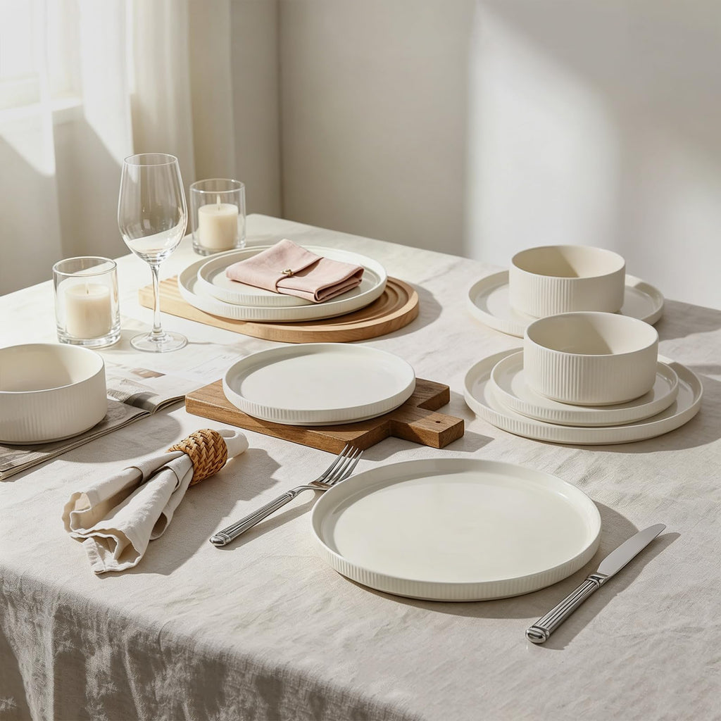 Stoneware Dinnerware Sets for 4, 12Pcs Plates and Bowls Set, Cream White