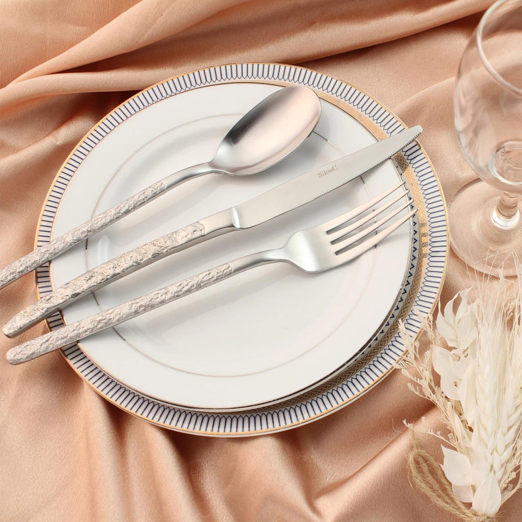 30-Piece Silverware Set, SILVER Hammered Flatware, Dishwasher Safe