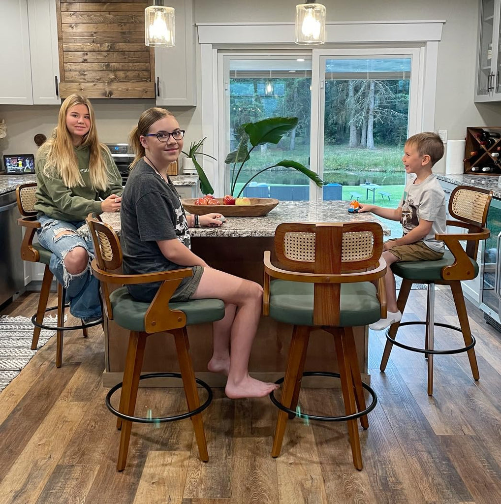 Rattan Swivel Bar Stools, Mid Century Modern Barstools with Curved Back