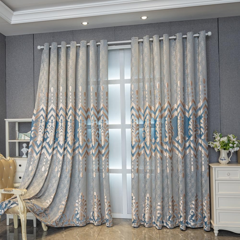 1 Pair European Semi-Sheer Curtains for Living Room Bedroom Embroidered Hollow Luxury Curtains (Blue,52x96 Inch)