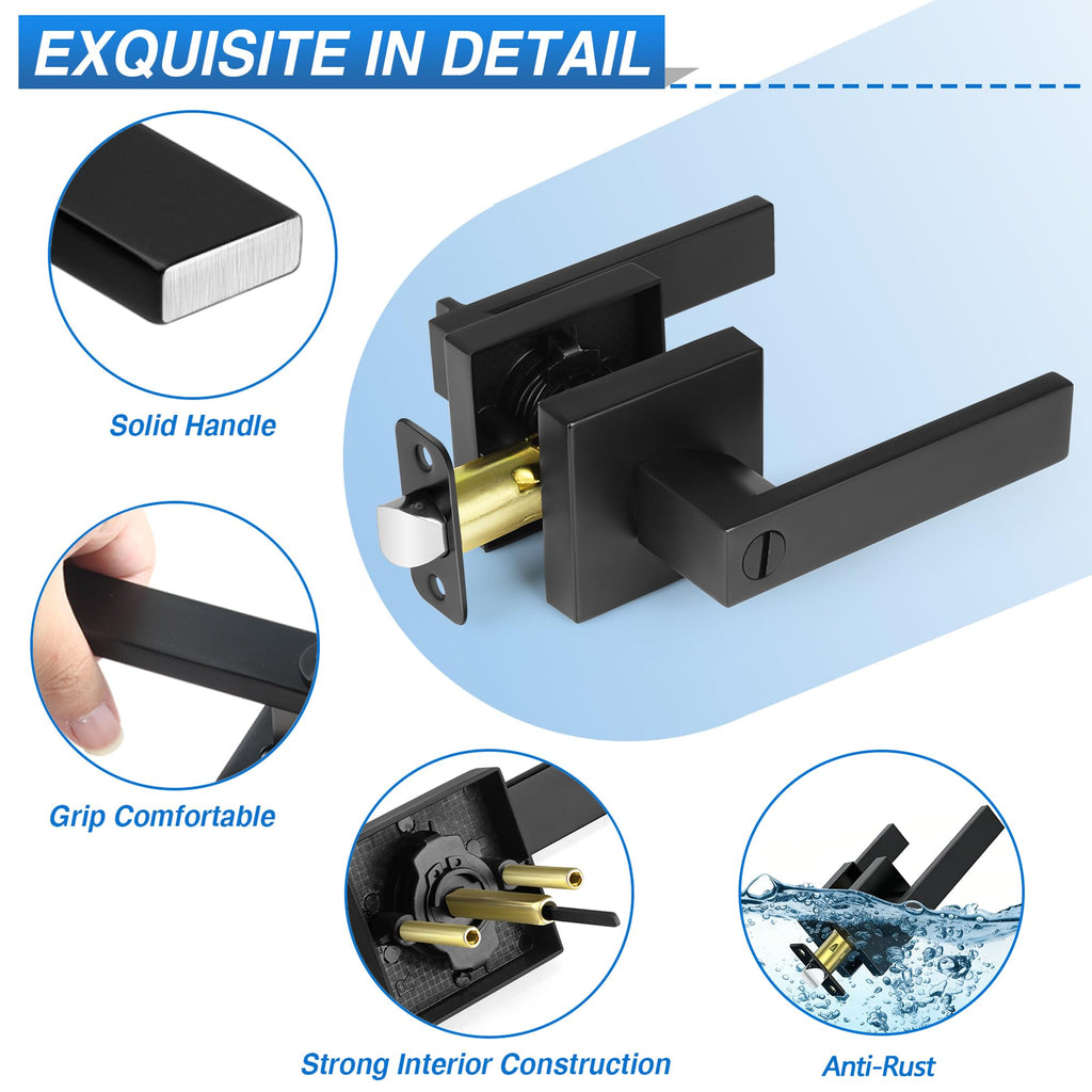 10 Pack Matte Black Door Handles Interior, Keyless Interior Door Knobs, Privacy Door Locks Bathroom, Heavy Duty