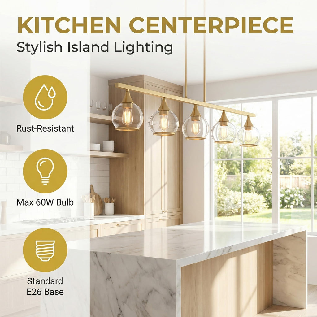 Gold Kitchen Island Linear Pendant Light, 5-Light, E26 Base