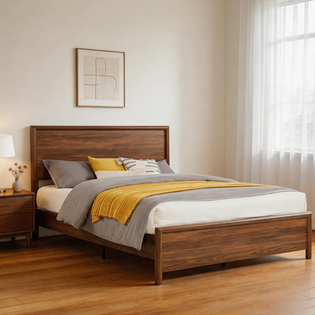 Queen Bed Frame with Headboard, Mid-Century Modern Queen-Size Bedframe with Wood Slat Support, Noise Free, No Box