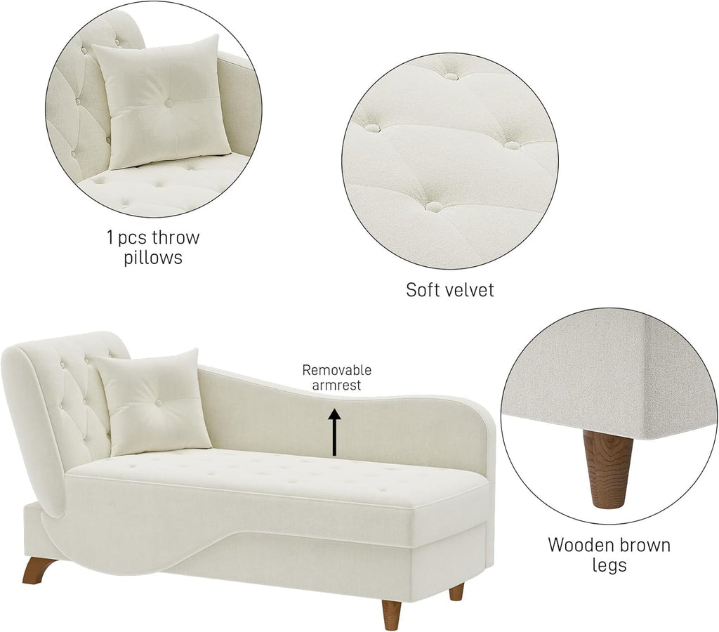Indoor Velvet Chaise Lounge Chair with Storage , Beige White | Reading chair chaise sleeper sofa bed with pillow, 3