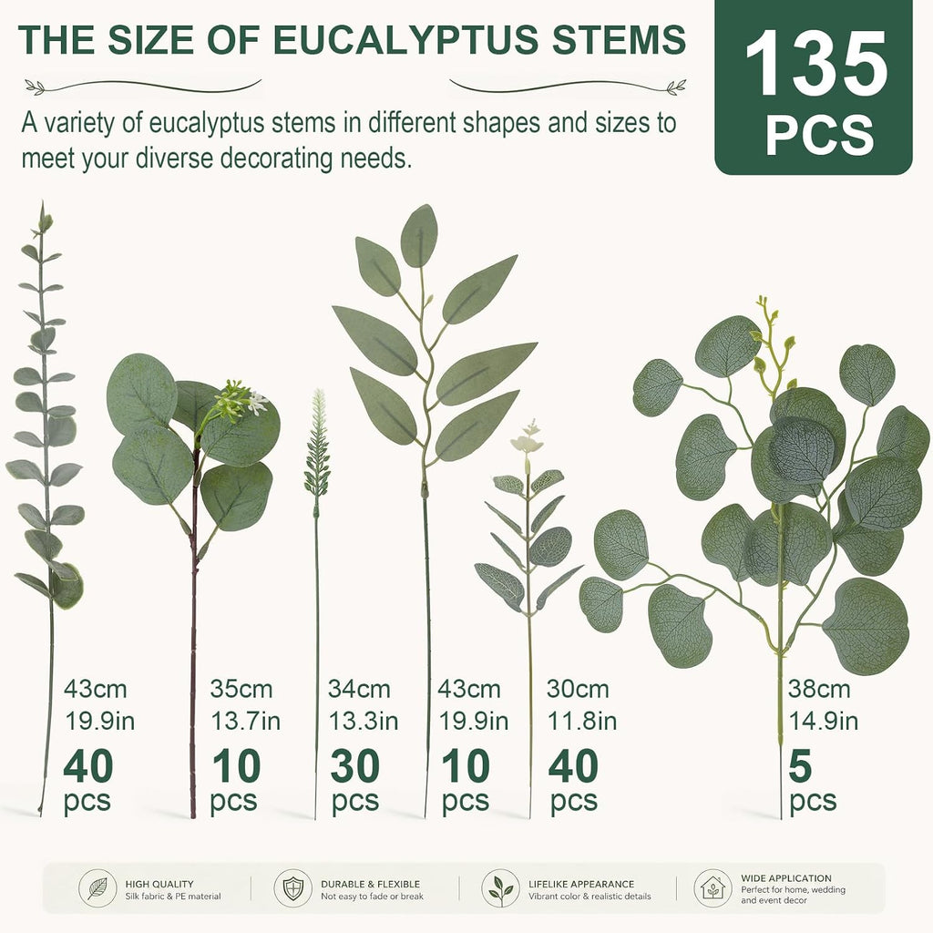 Artificial Eucalyptus Stems, Mixed Greenery Stems for Decor - Set of 135