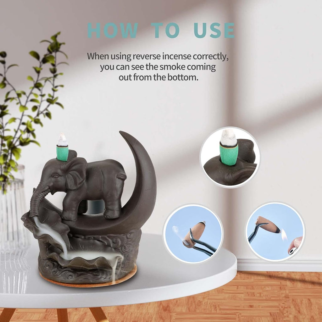 Elephant Backflow Incense Burner with 20 Cones, 30 Sticks, Tweezer, Mat - Set of 50