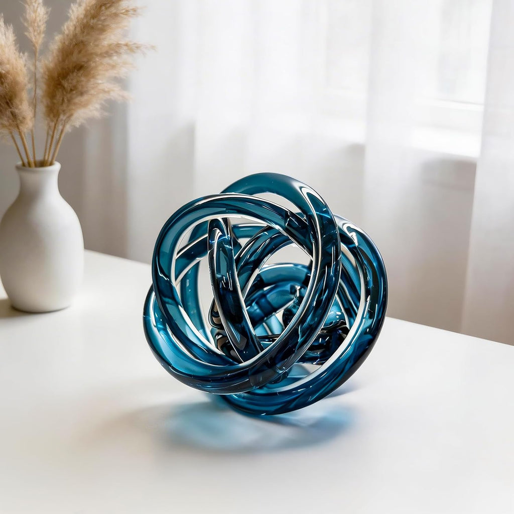 Glass Knot Teal Decor Ball - 5 Inch Hand Blown Infinity Sculpture Orbit Home Decor Table Decoration Interio Art