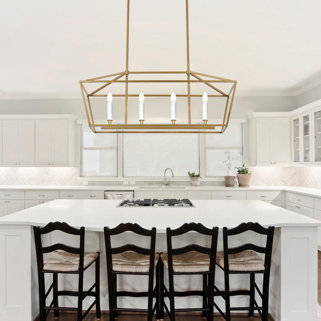 4-Light Gold Kitchen Island Lighting Over Table, Modern Lantern Cage Chandelier Pendant Light Fixture with Height