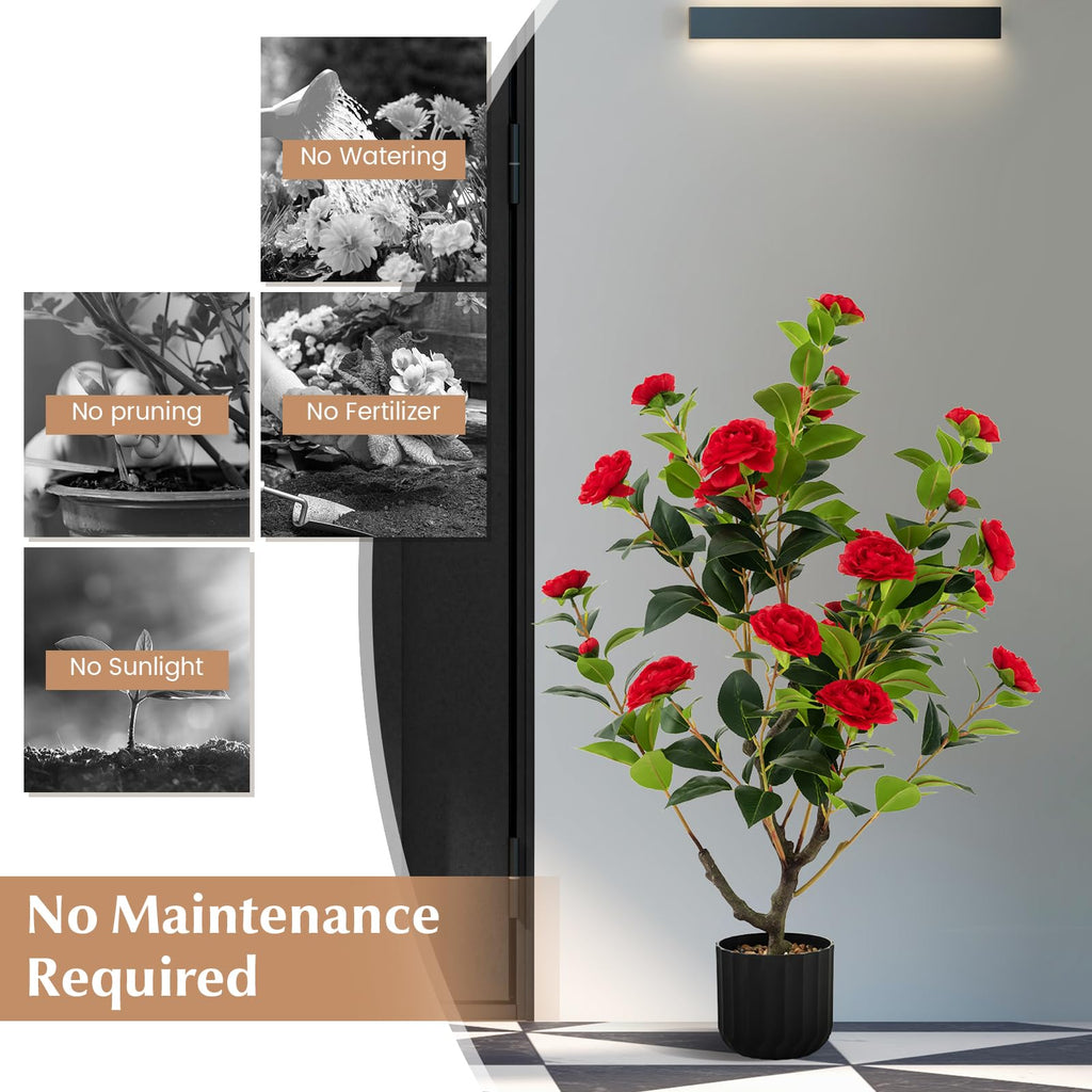Artificial Camellia Tree Set of 2, 38" Tall Potted Plants Artificial Decoration w/Cement Pot, 24 Flowers, Decorative